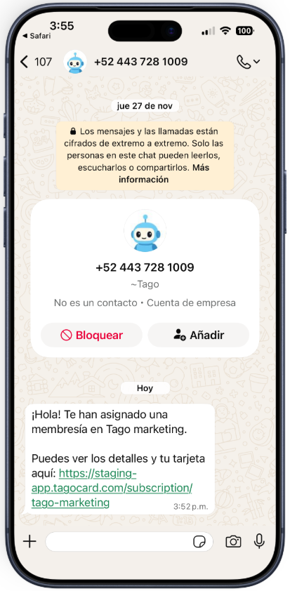 Cliente recibe mensaje por WhatsApp